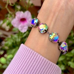 Aurora Borealis Cushion Cut Antique Brass Crystal Tennis Bracelet